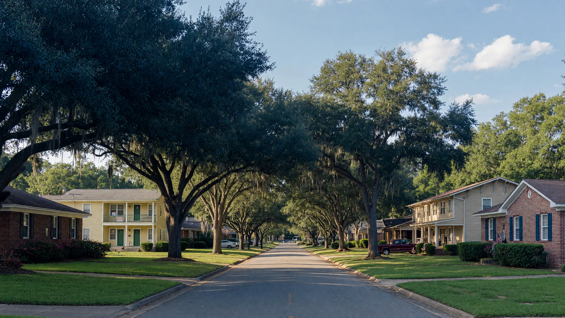 Tree-lined residential street in Augusta GA with well-maintained rental homes, representing the local rental market