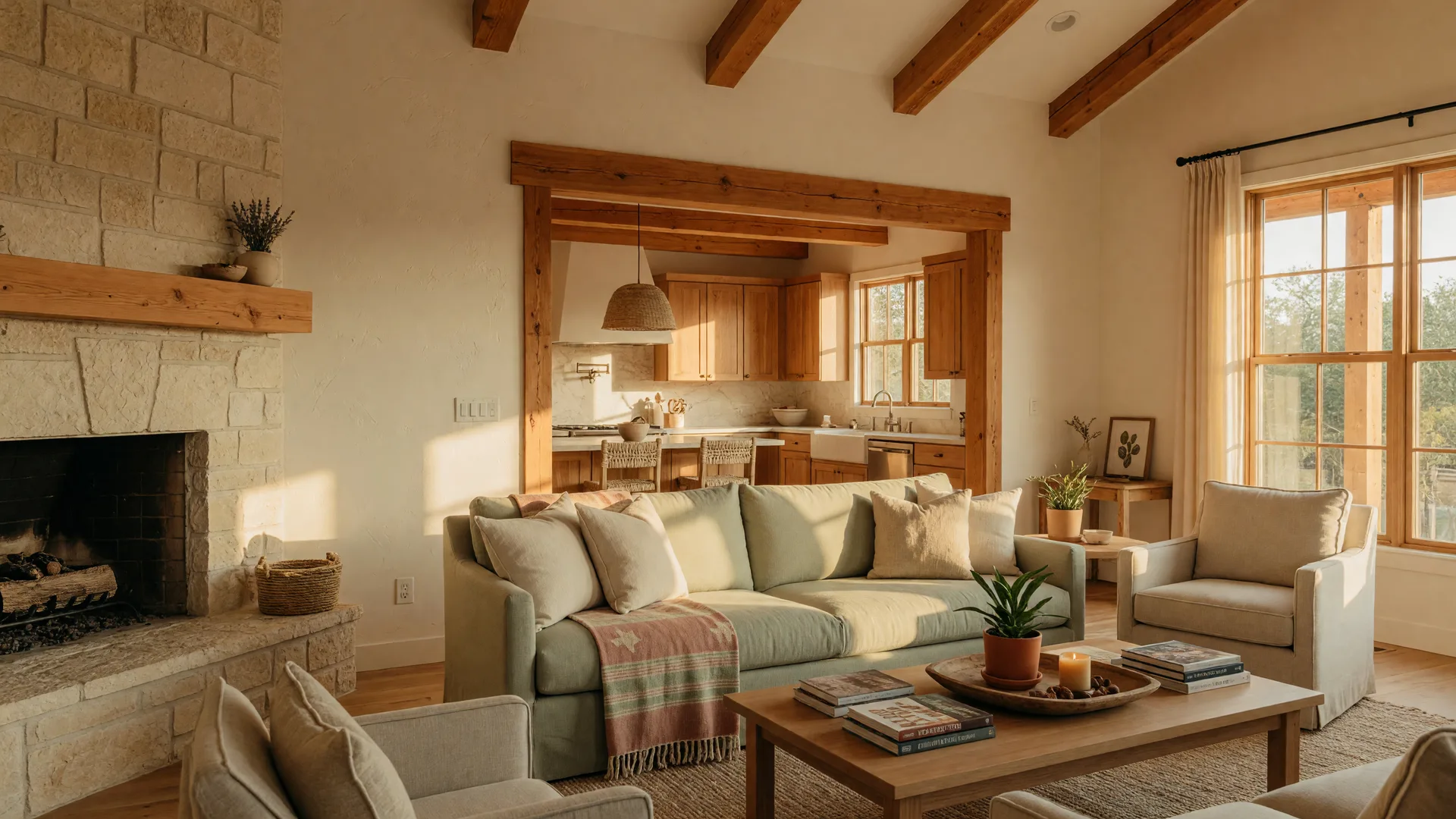A warmly staged living room in a Texas Hill Country style San Antonio home, cream and sage tones, wood beams, a limestone fireplace, and golden afternoon light, the kind of presentation that shortens days on market when you stage a home to sell