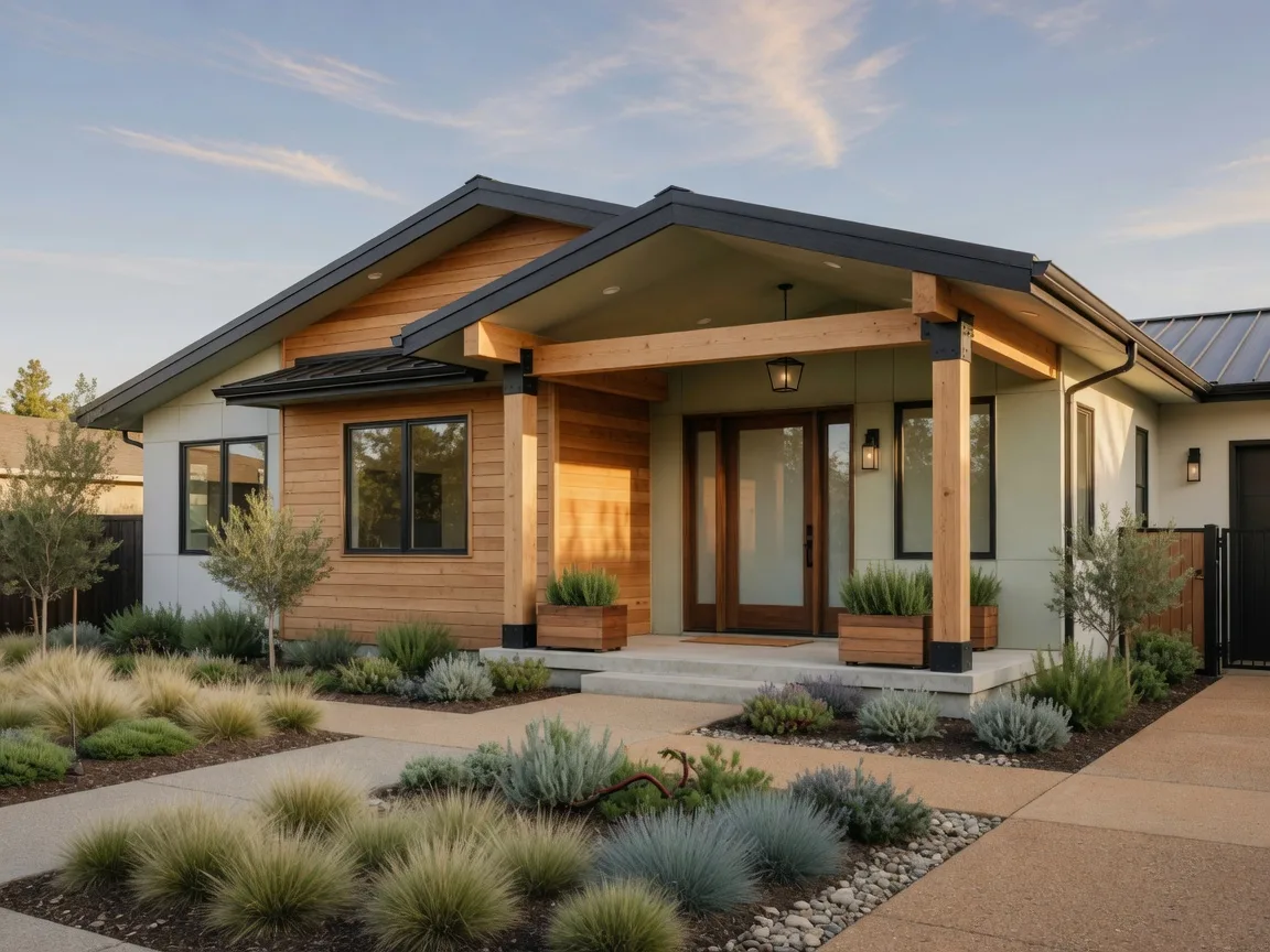 A modern home exterior with a covered entry and warm wood accents in late-afternoon light