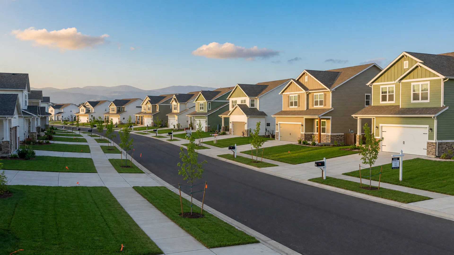 A new-construction neighborhood street in an Idaho suburb, with mountain views in the distance
