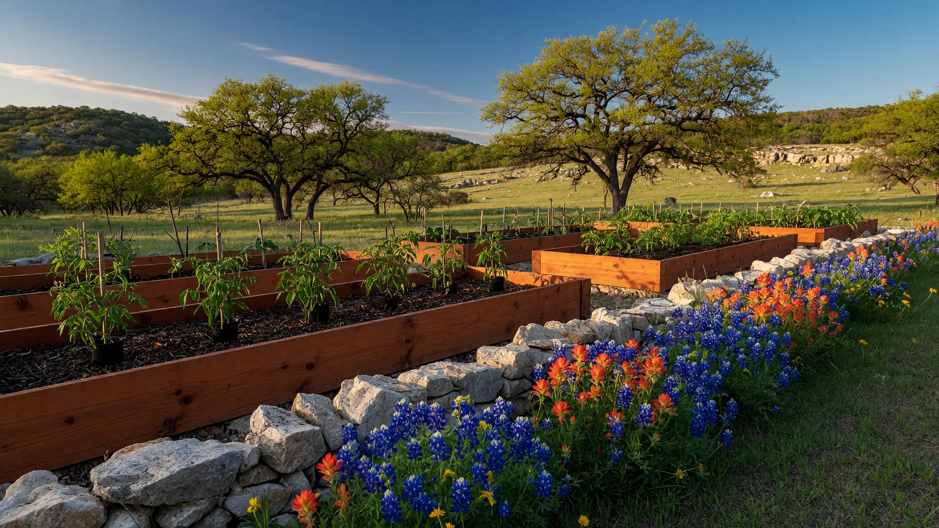 Raised vegetable beds in a Texas Hill Country garden with bluebonnets and Indian paintbrush blooming along a limestone border at golden hour