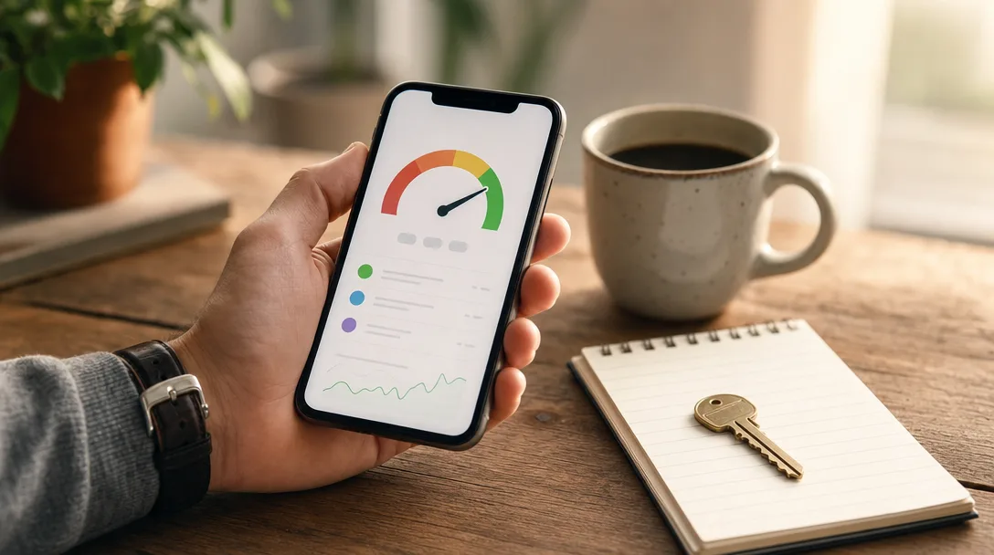 Hand holding a smartphone showing a credit score app with a coffee cup, notepad, and brass house key on a wooden desk