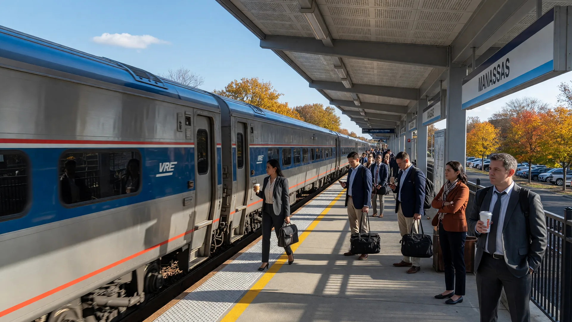 A Virginia Railway Express commuter train arriving at the Manassas Line station on a bright weekday morning