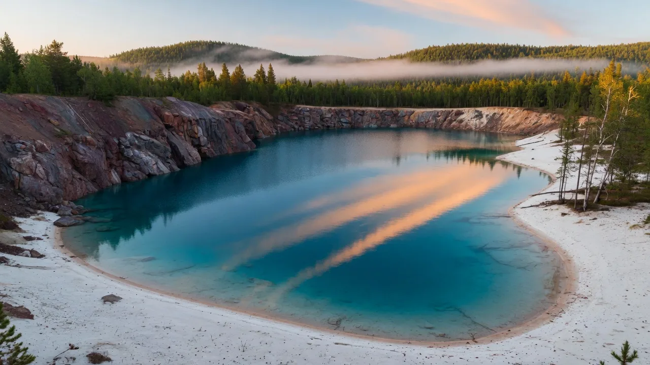 Clear turquoise water of a flooded former iron mine pit lake in the Cuyuna range