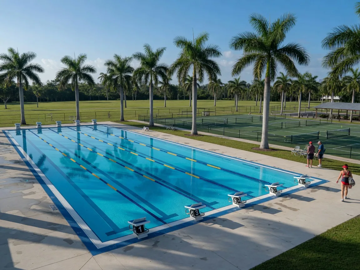 The outdoor competition pool at G.T. Bray Park in West Bradenton, with lane lines, palm trees, and pickleball courts and lawns in the background