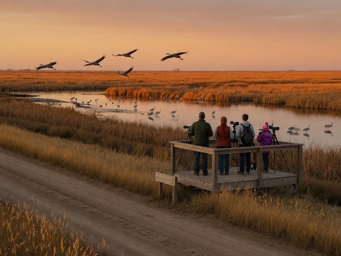 People watching from an elevated wildlife-observation platform at Merced National Wildlife Refuge at dusk, sandhill cranes gathering in a golden wetland below with dry grasses in the foreground
