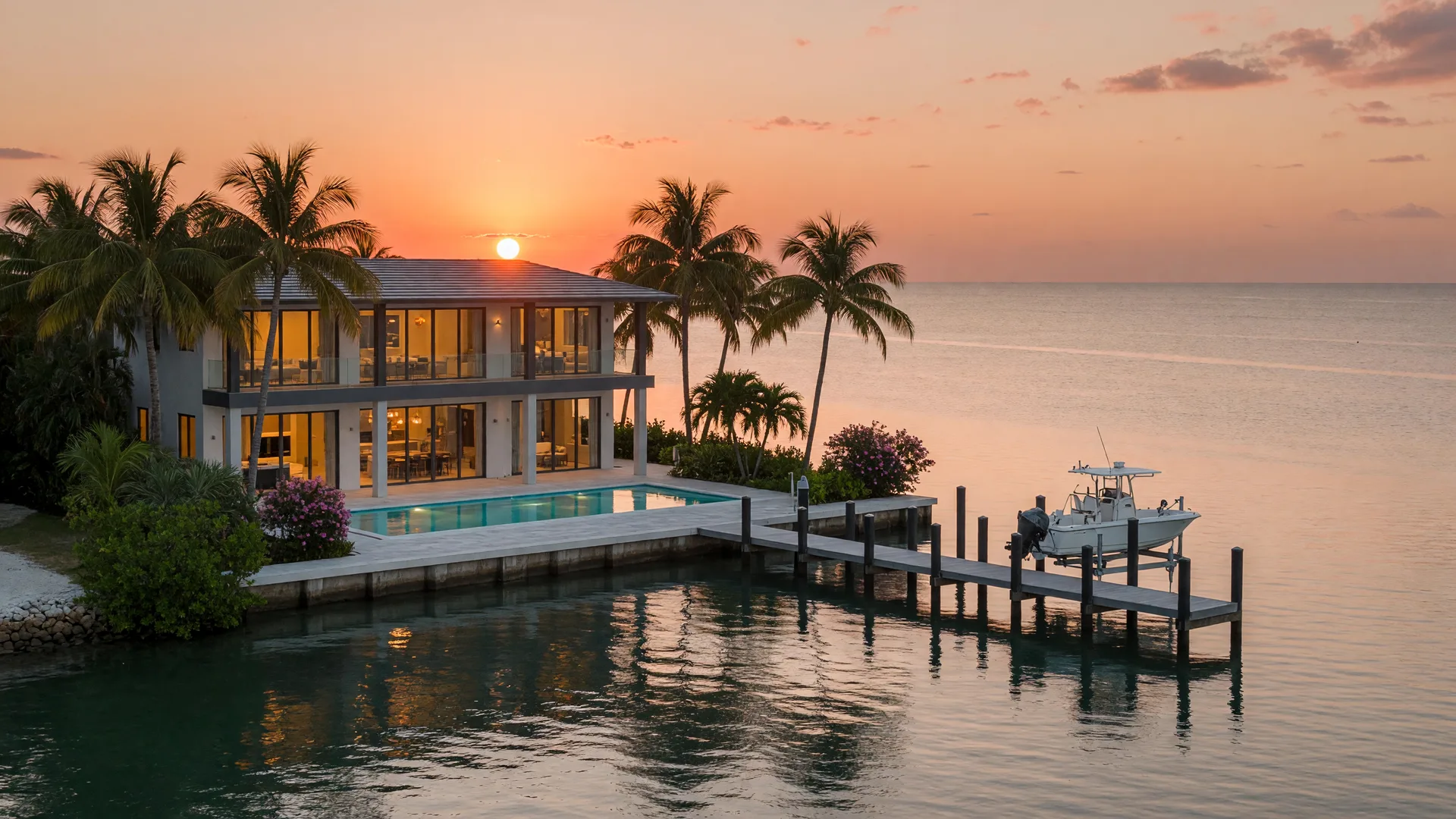 A luxury Florida Keys waterfront estate at sunset facing west over open water, floor-to-ceiling impact glass glowing warm amber, a long private concrete dock and boat lift silhouetted against a champagne and peach sky, glassy water reflecting gold
