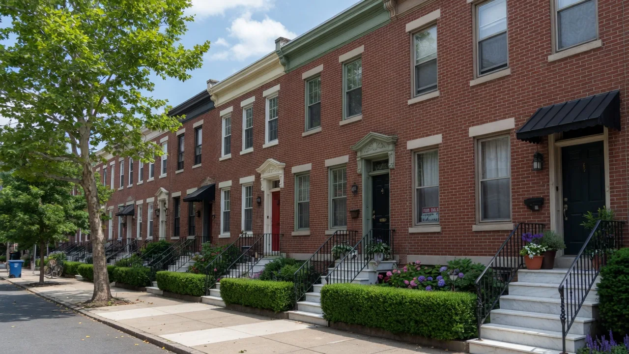 Classic Philadelphia brick rowhomes in Graduate Hospital with tree-lined street and marble steps