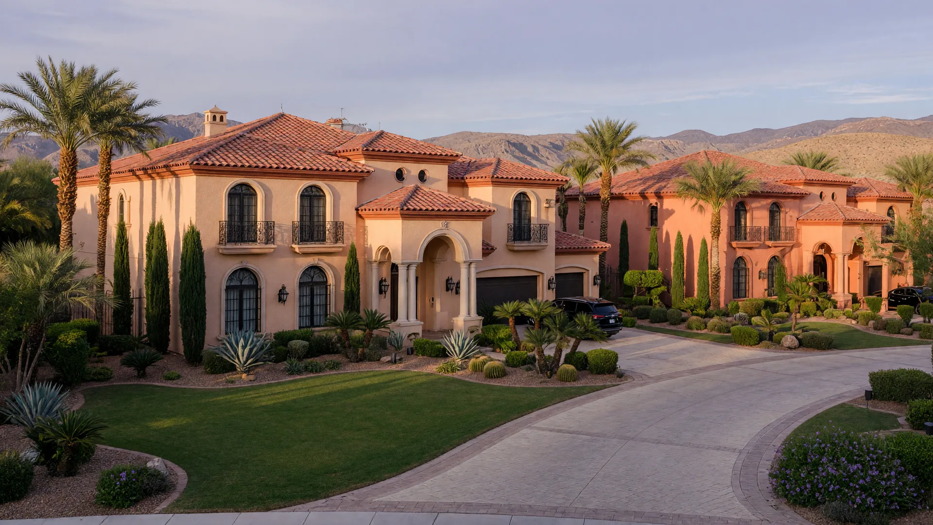 Stately stucco home with stone accents and desert landscaping against mountain views in Summerlin West