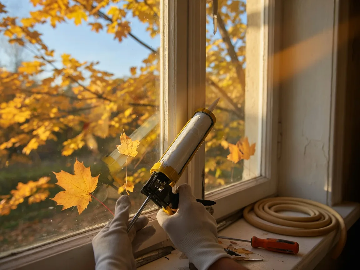 A gloved hand applying fresh caulk around a window frame with a caulk gun on a clear autumn day, with golden leaves visible outside the glass