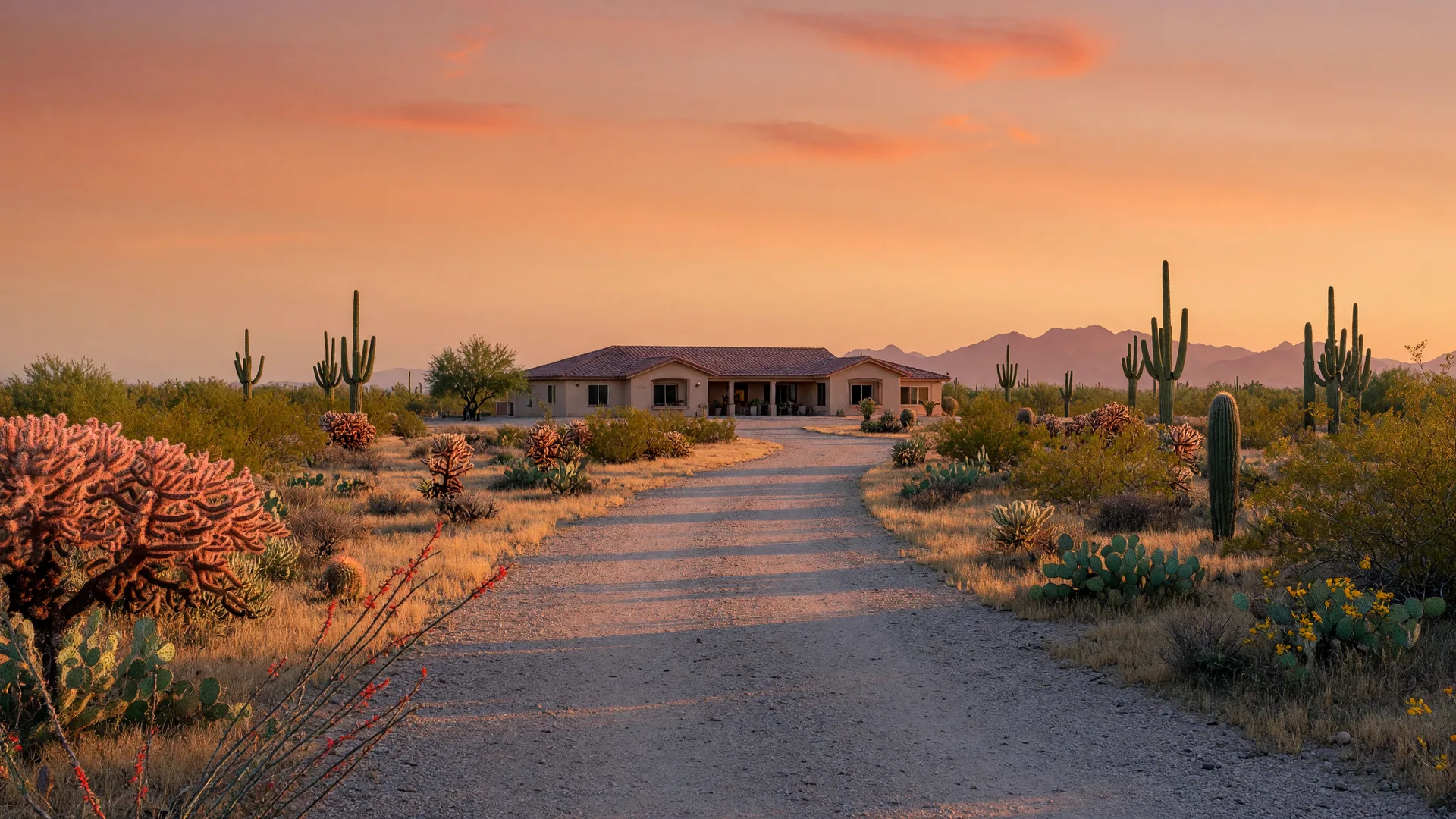 A wide-open desert property with a ranch-style home at sunset