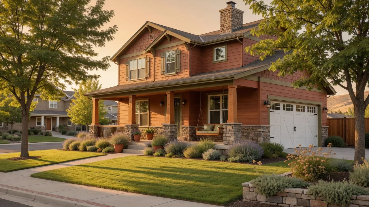 A modern craftsman home in the Tri-Cities with cedar siding and stone accents in late summer light