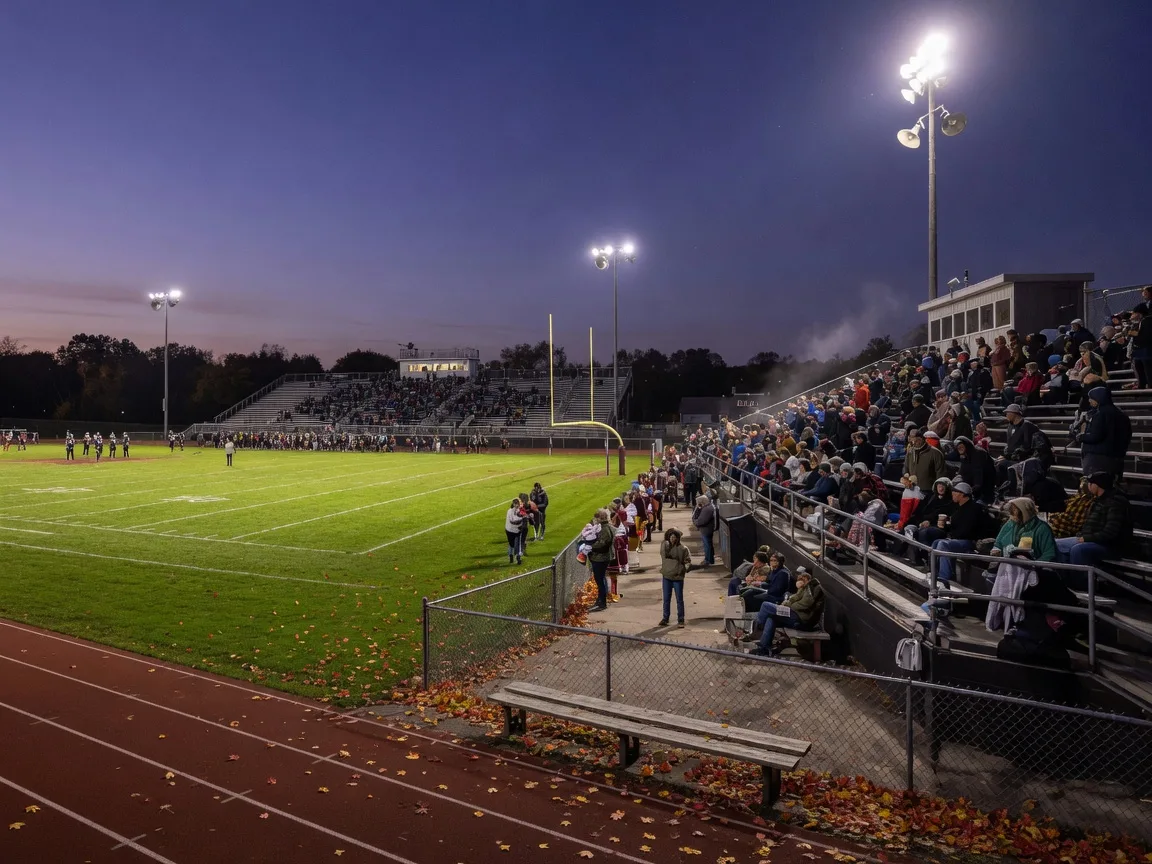 A small-town Pennsylvania high school football stadium under floodlights on a crisp late-September Friday night, the home grandstand filling