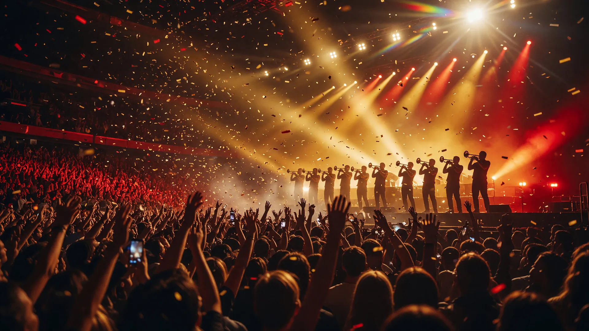 A New Year’s Eve concert stage with a horn section silhouetted in golden and red light under falling confetti