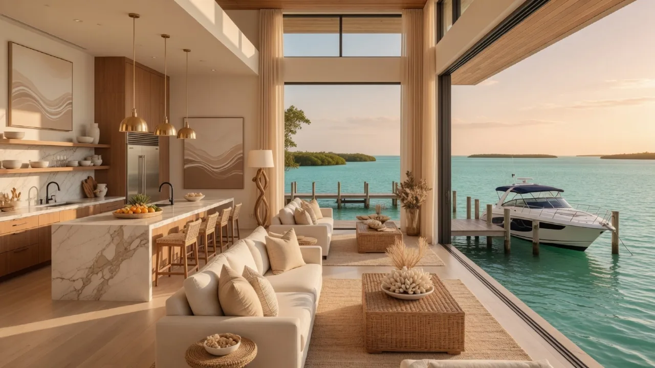 Luxury Key Largo home interior with floor-to-ceiling impact glass doors open to bayfront view, modern coastal decor, and turquoise Florida Bay waters visible through the doors