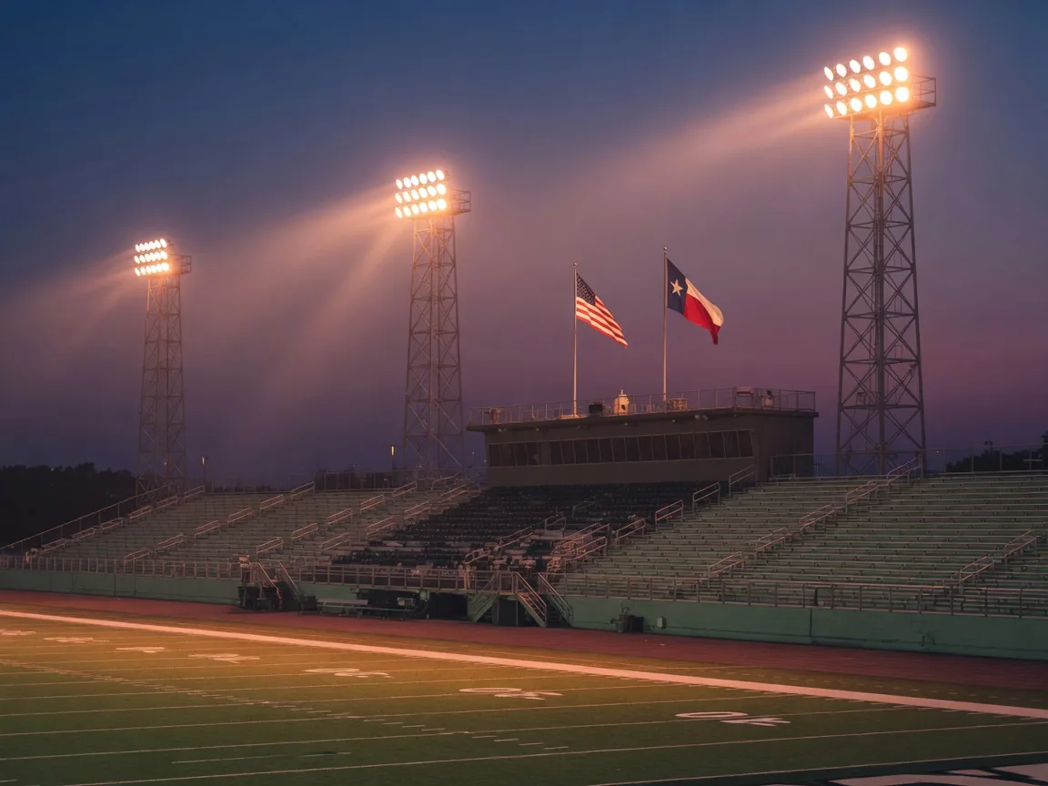A Texas high school football stadium at dusk, floodlights glowing over an empty field with the state and national flags atop the grandstand