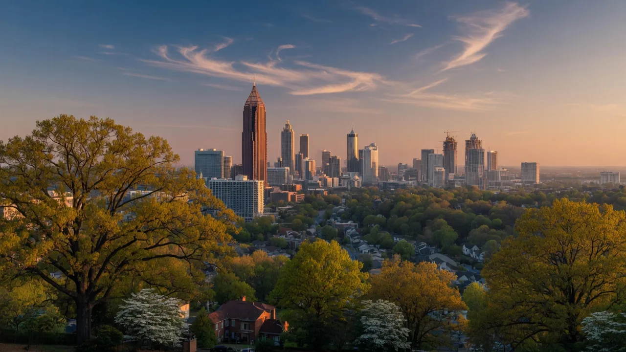 Atlanta skyline at golden hour with Midtown and Buckhead towers rising above a canopy of mature oak trees