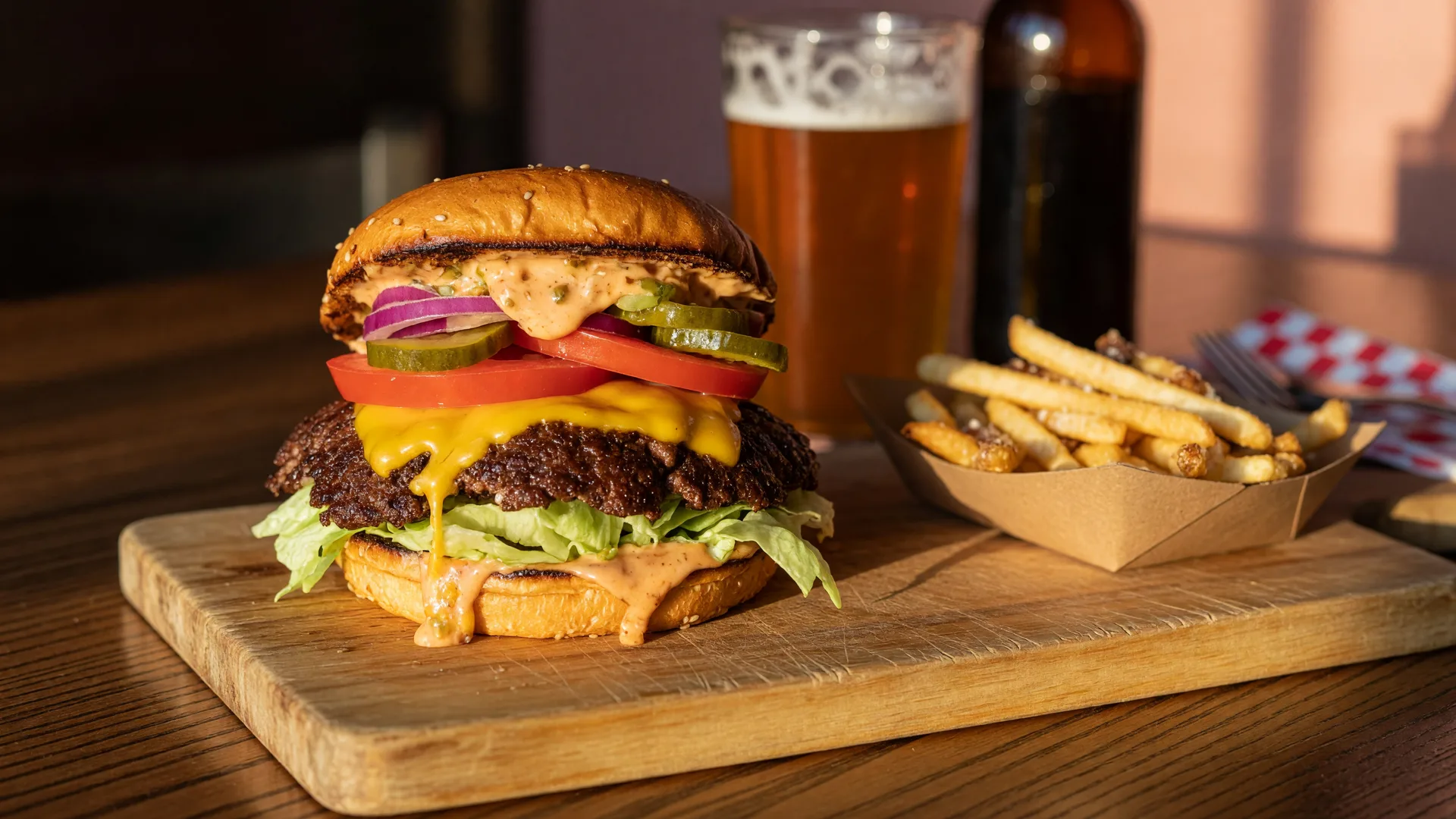 A gourmet smashed cheeseburger with melted cheese, crisp toppings, and golden fries on a wooden board at a warm Tulsa restaurant