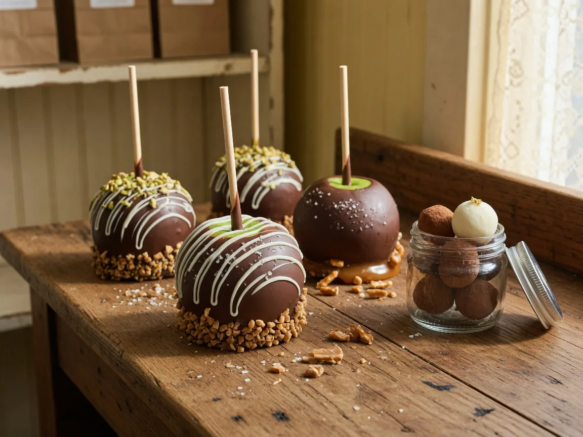 Hand-dipped chocolate-covered caramel apples with white chocolate drizzle, crushed toffee, and sea salt arranged on a wooden counter at The Chocolate Dipper in Merced, beside a small glass jar of truffles