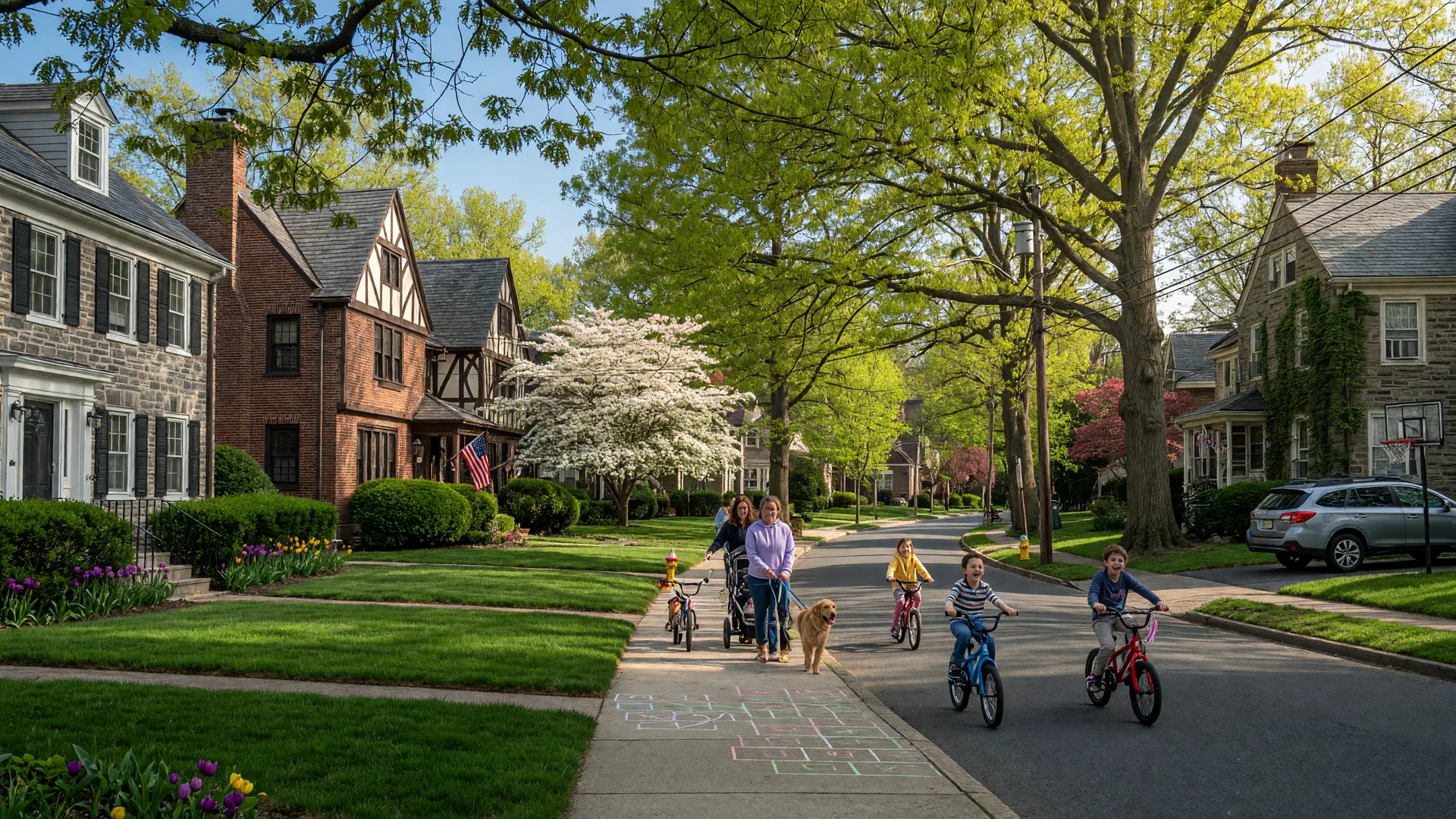 Classic stone Colonial and Tudor homes on a Havertown residential street