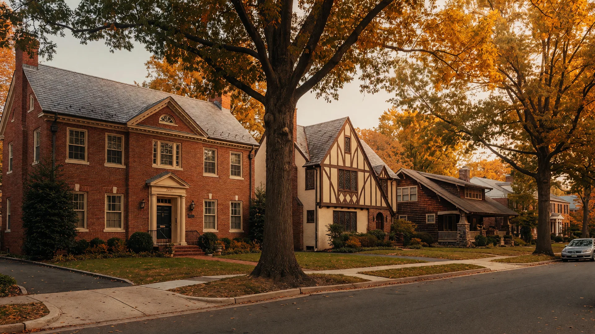 Tree-lined Chevy Chase street in golden-hour light with early 20th-century homes