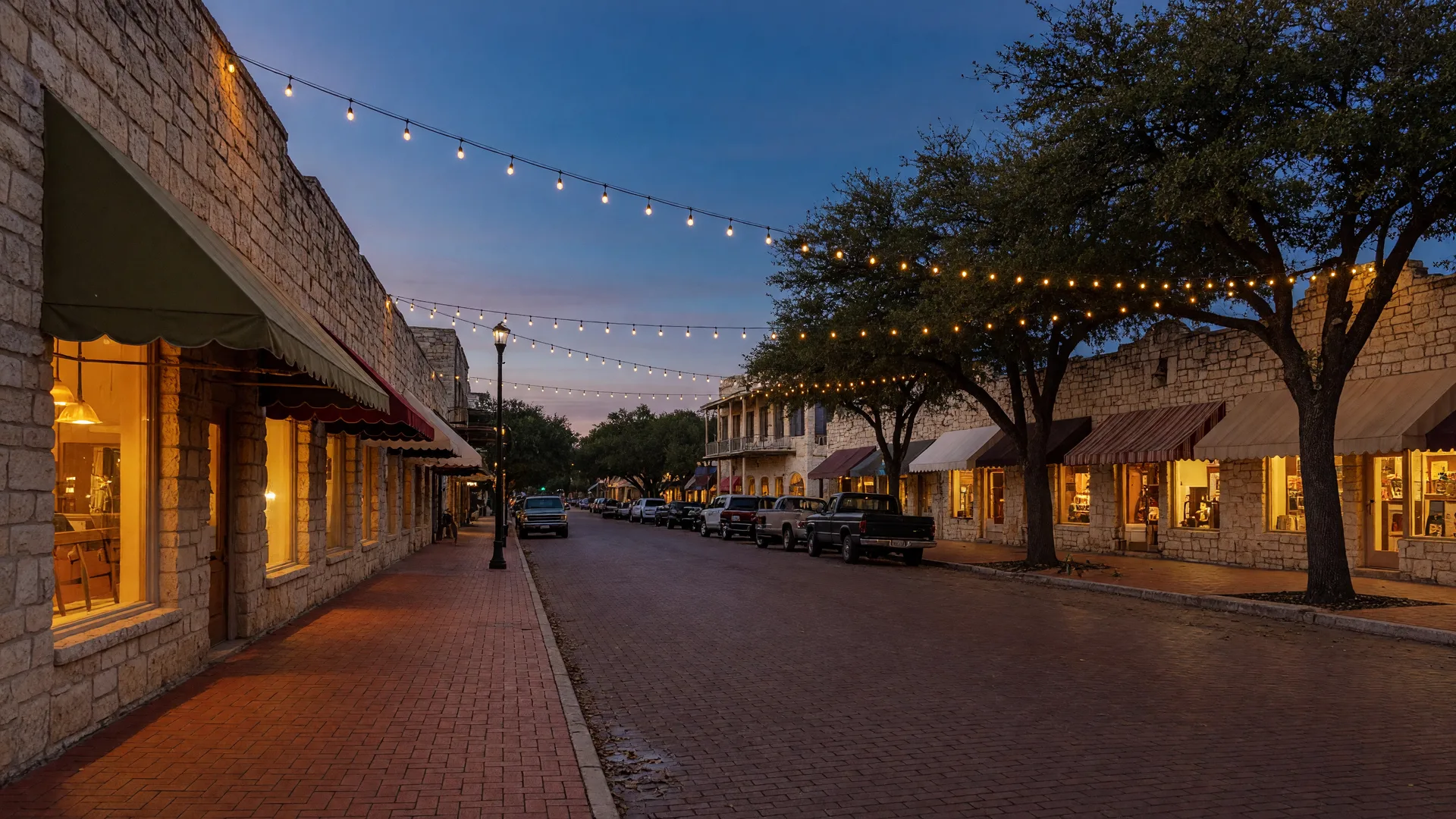 Historic limestone storefronts on Boerne's Hill Country main street at dusk, a charming San Antonio real estate town