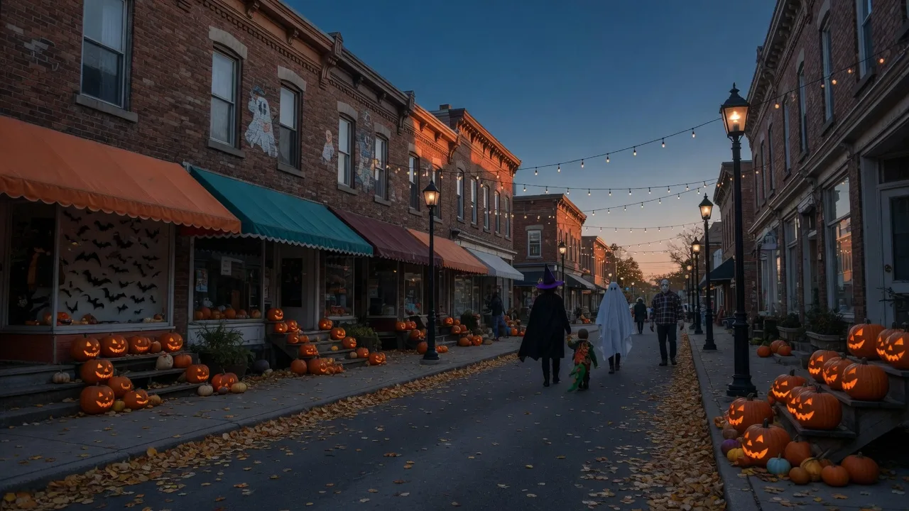 Downtown Oshawa's brick main street lit with jack-o'-lanterns, pumpkins, and string lights on Halloween weekend
