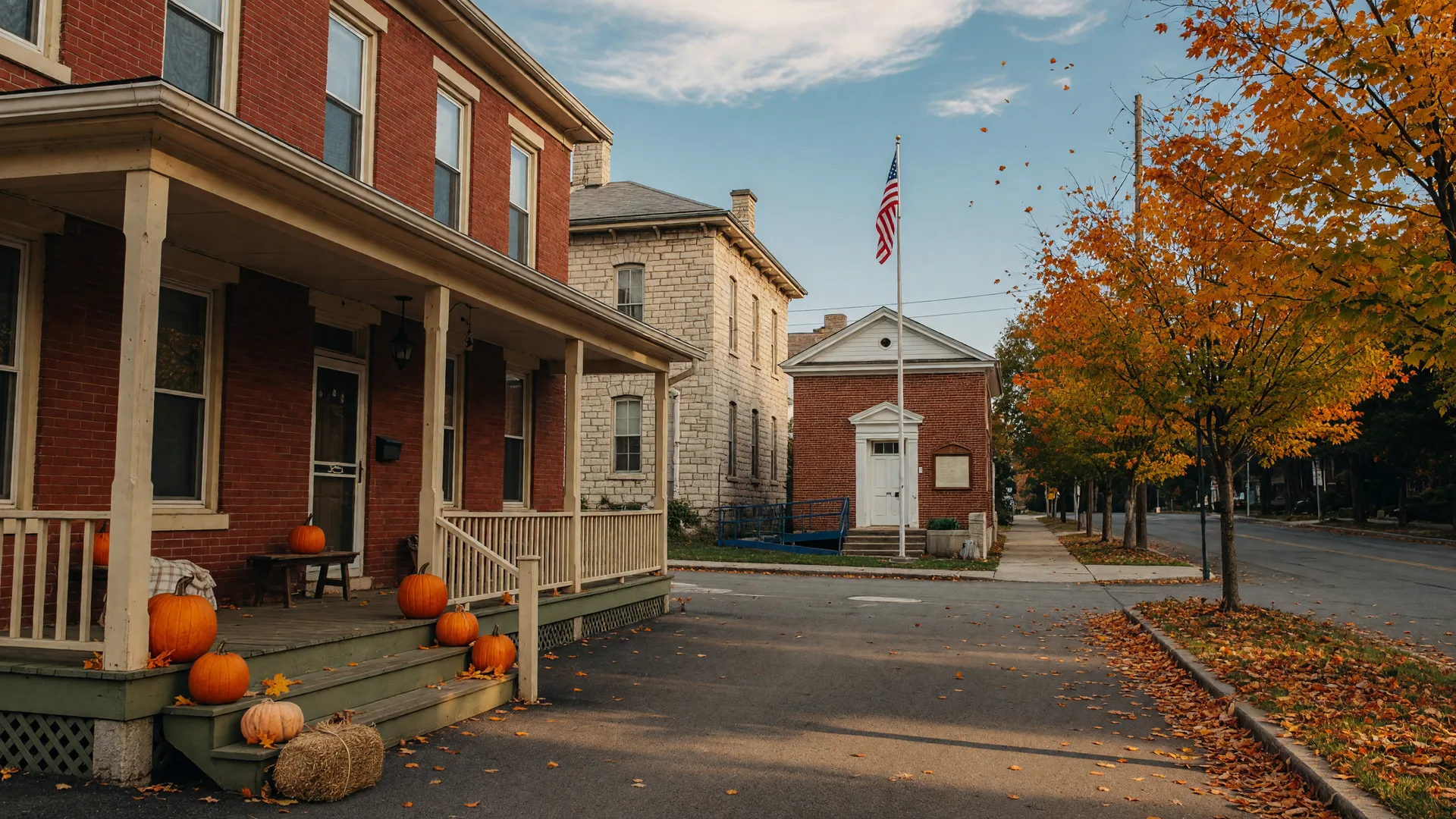 Warm September light on a small-town borough street with pumpkins on a porch and a community library in the distance