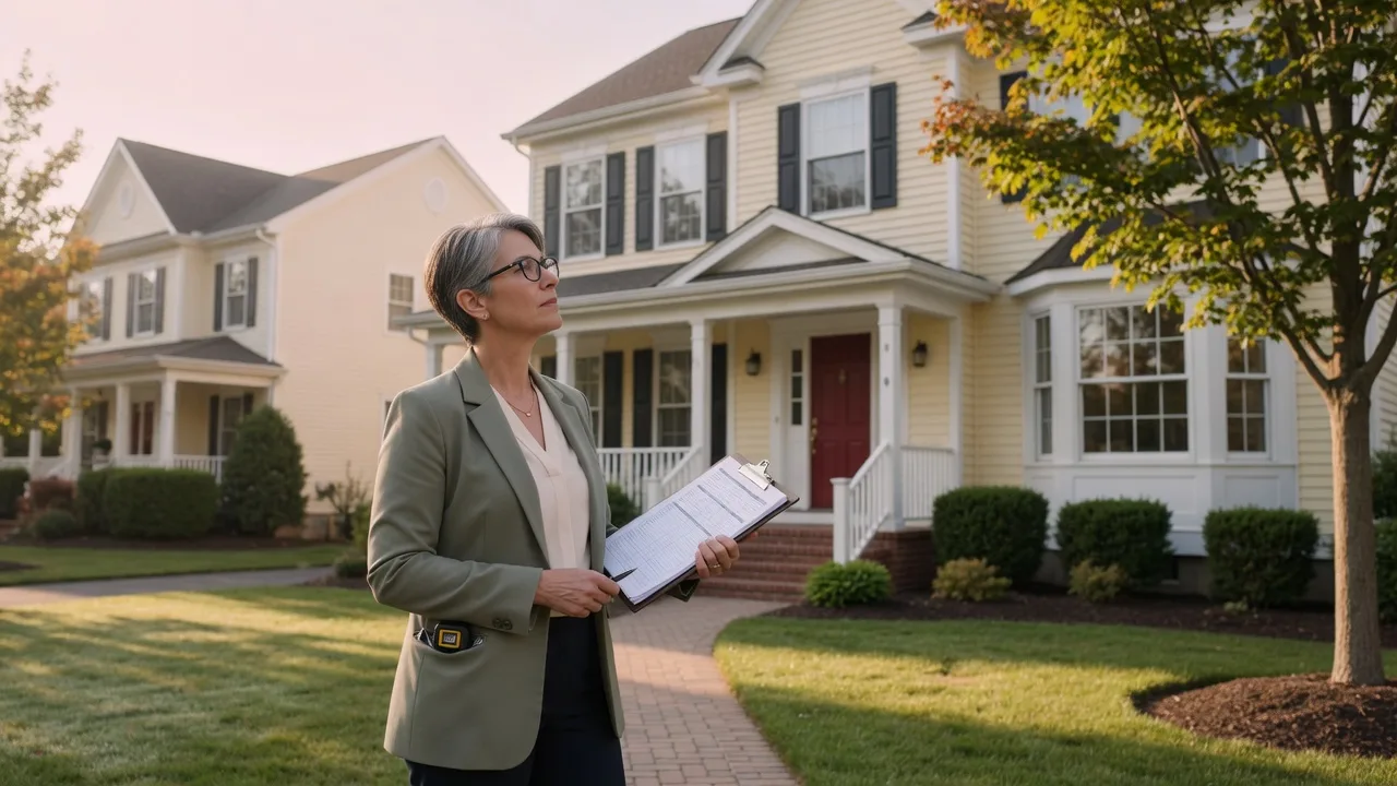 A professional appraiser inspecting a home with a clipboard