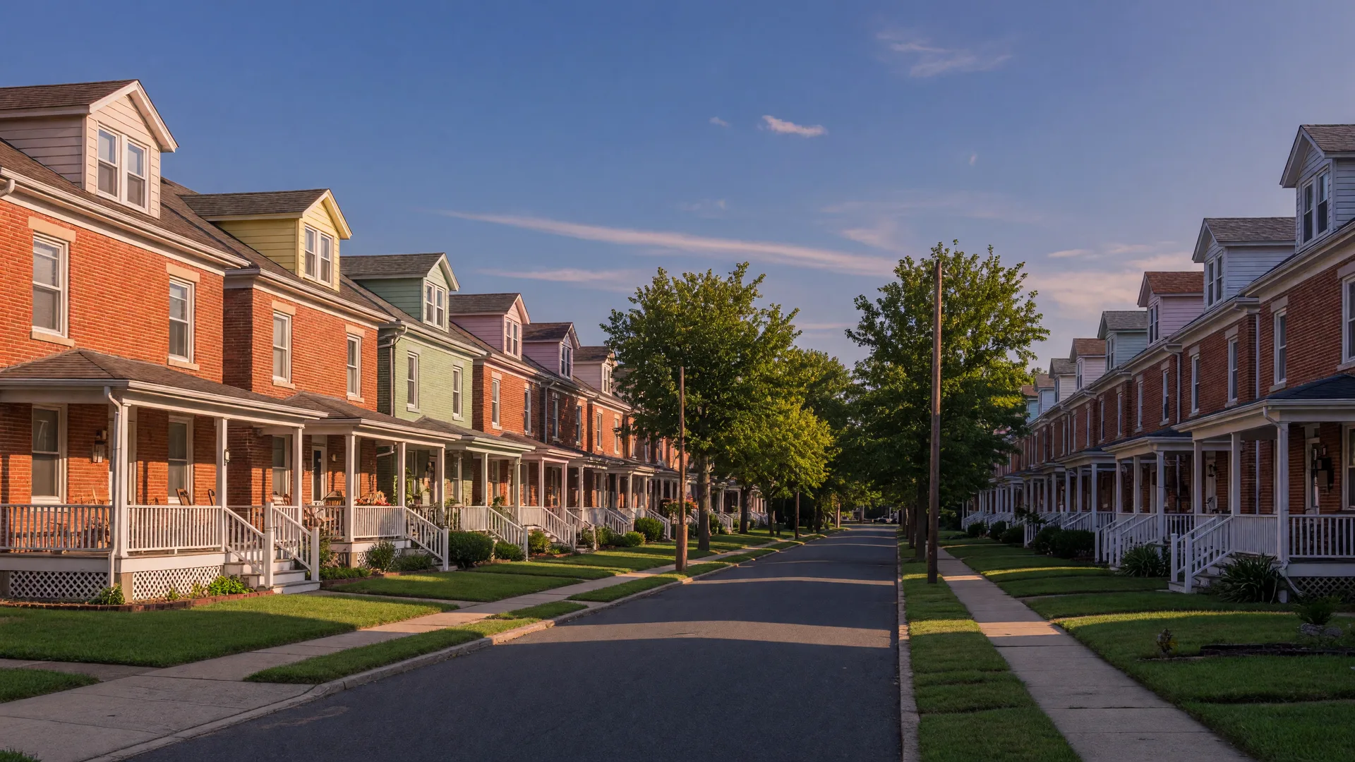 Tree-lined street of early 1900s brick company houses in the historic Roebling village, Florence Township, in warm late-afternoon light