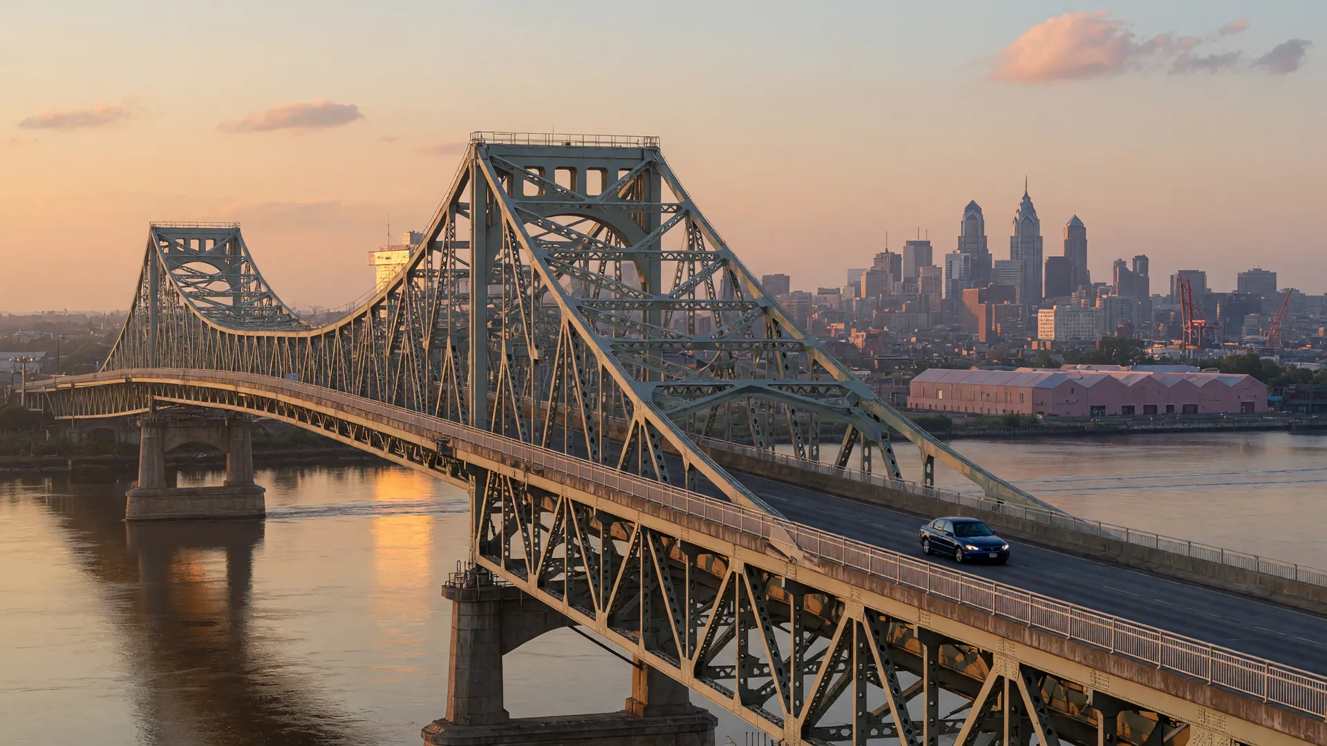 Tacony-Palmyra Bridge at golden dawn connecting Riverton NJ to Philadelphia with the city skyline visible across the Delaware River