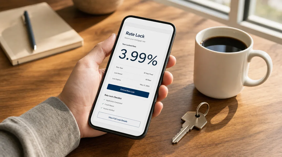 Smartphone displaying a 3.99% mortgage rate lock screen on a wooden desk with a house key