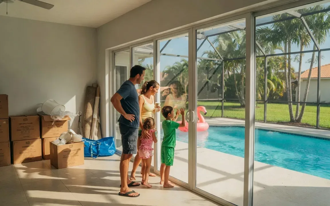 A family moving into their new sunlit Florida home with boxes and palm views beyond