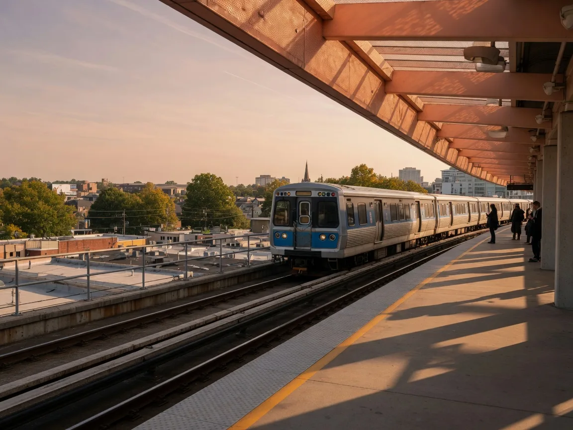 A MARTA heavy-rail train arriving at an elevated station at golden hour