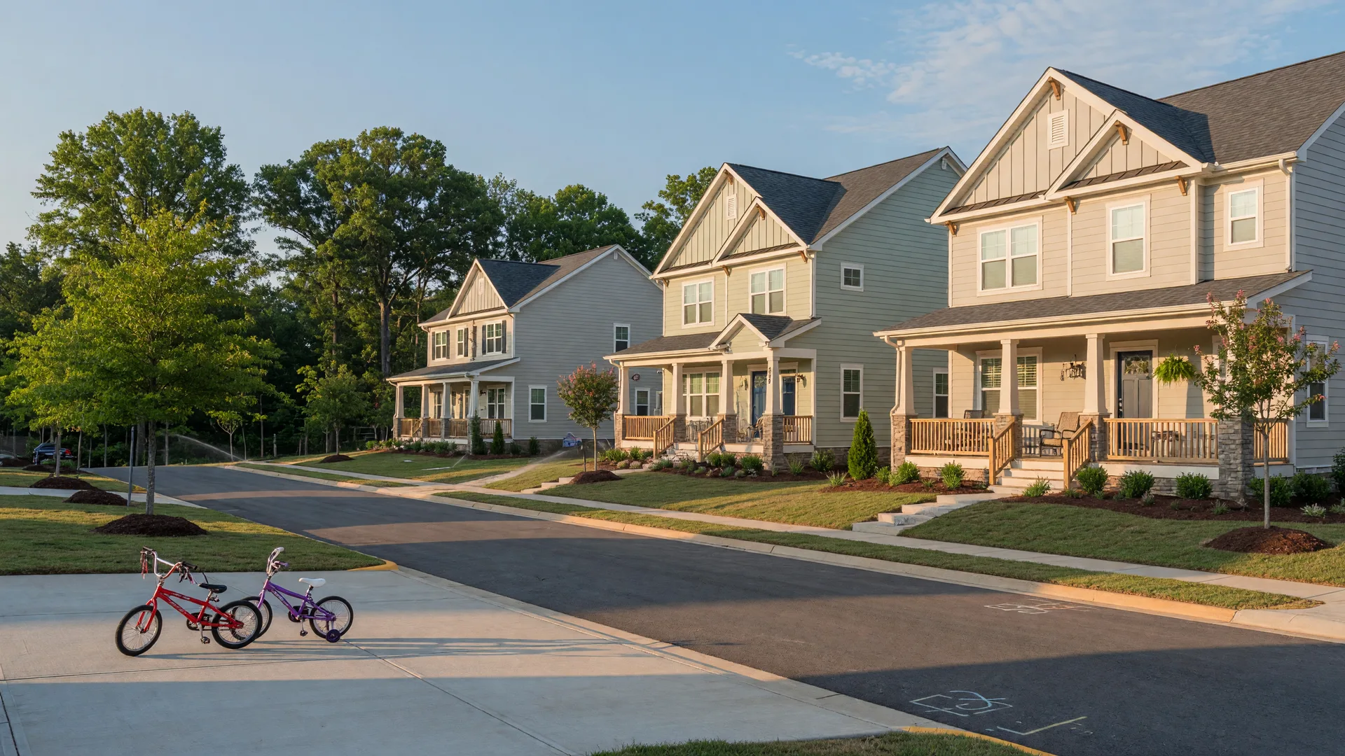 A family-friendly K. Hovnanian Homes neighborhood in Virginia with craftsman-style homes on a tree-lined street in warm morning light