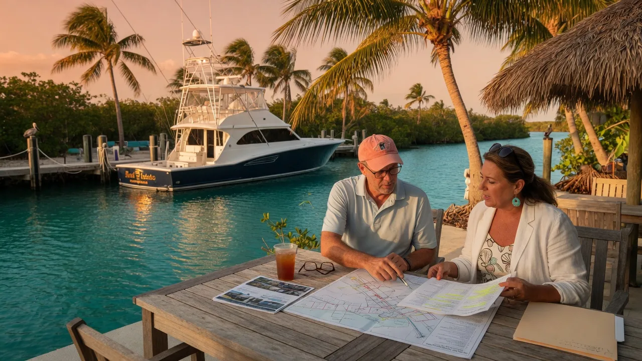 An out-of-state buyer and a real estate agent reviewing property documents at a shaded teak table beside a deep-water canal in the Florida Keys