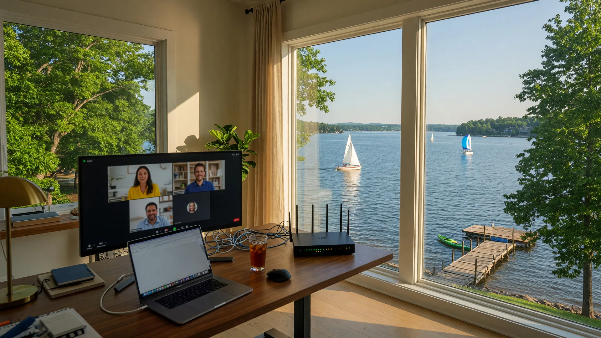 Modern home office with laptop overlooking Lake Norman with sailboats and dock visible through large windows