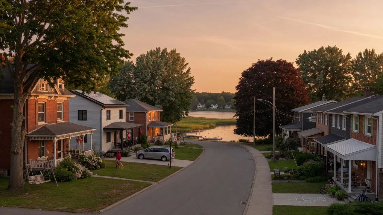 Quiet residential street in Durham Region with a mix of modern and heritage homes under a golden sunset sky