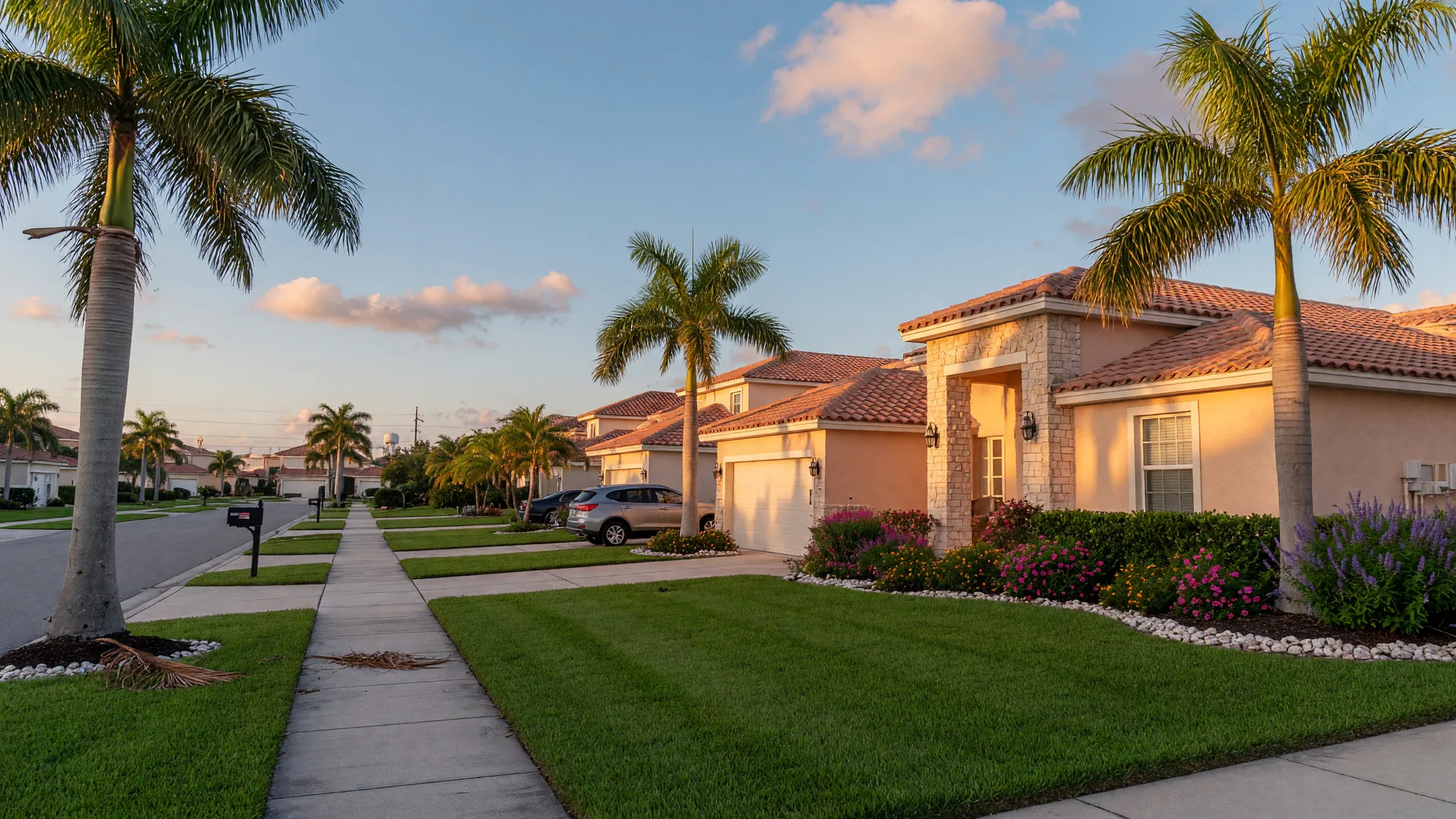 A welcoming Tampa Bay suburban home at golden hour with palm trees and a tidy landscaped front lawn