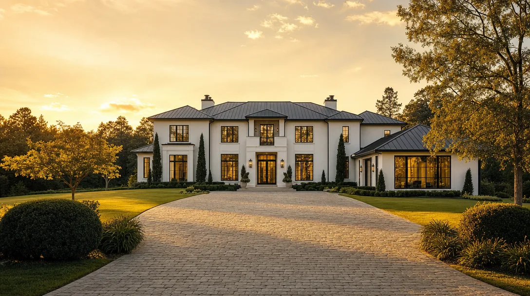 Luxury custom home exterior in Metro Atlanta at golden hour