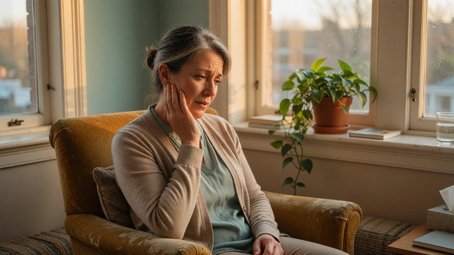 Woman in a therapy room gently touching her jaw, representing TMJ pain relief through orofacial myofunctional therapy