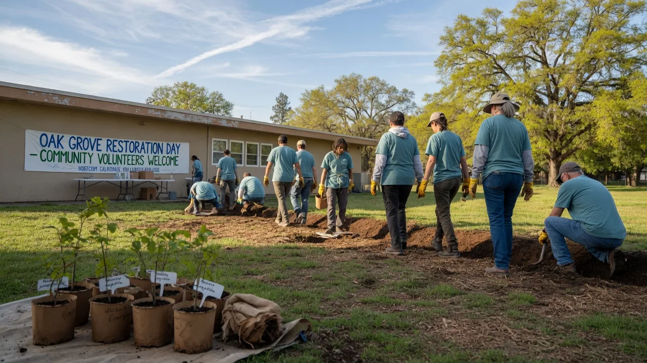 Group of volunteers planting native oak saplings in a Northern California community park on a sunny spring morning