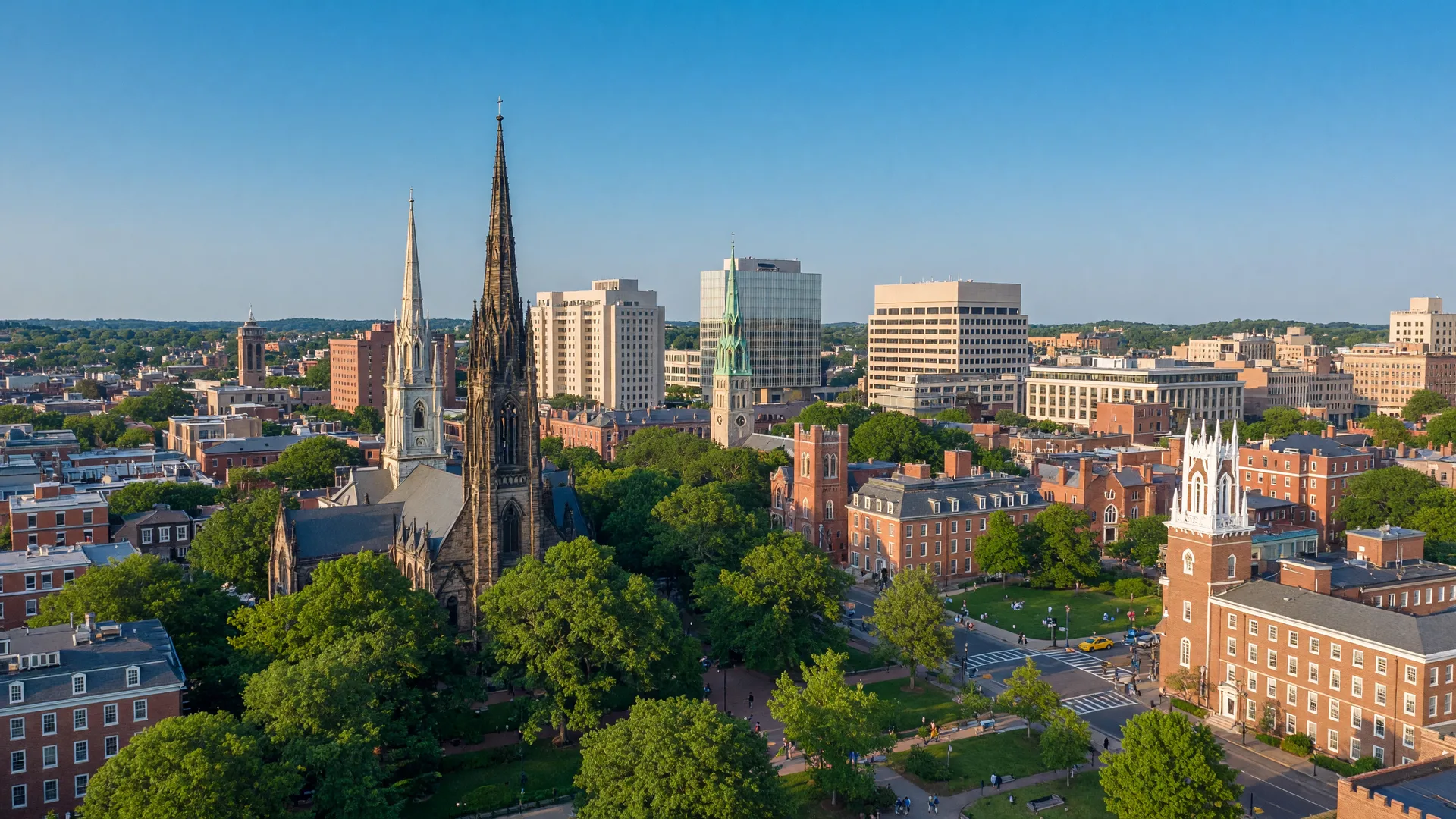 Aerial photograph of New Haven skyline with historic church steeples and the downtown area at golden hour
