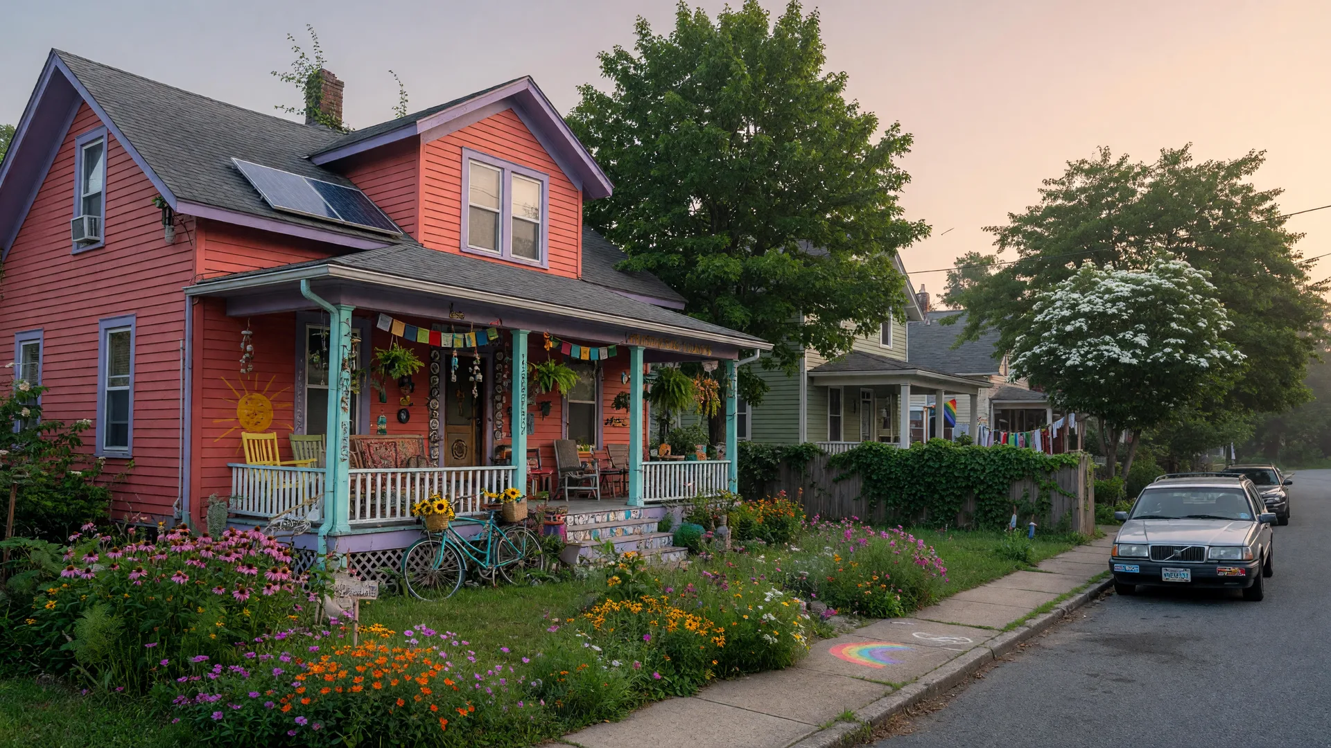 A colorful Victorian and Craftsman bungalow with a front porch on a leafy Takoma Park street