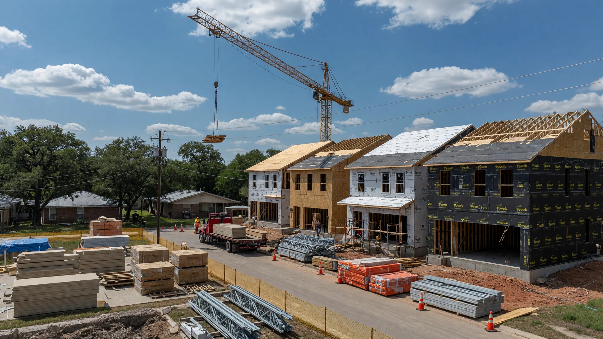 A two-story multi-family townhome development under construction ona bright Texas afternoon