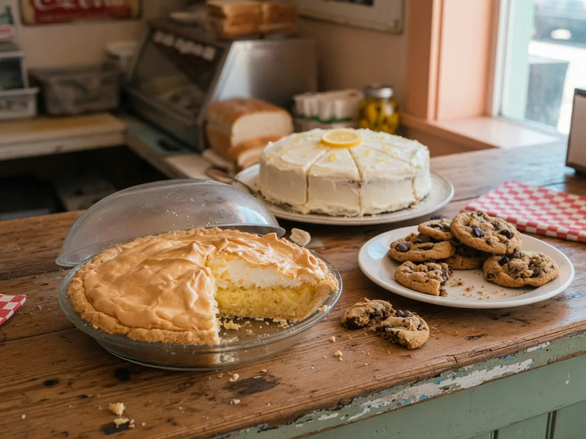 Homemade desserts at Cribb's Sandwich and Sweet Shop in Lexington, SC, coconut custard pie, lemon cake, and cookies under the glass on the deli counter