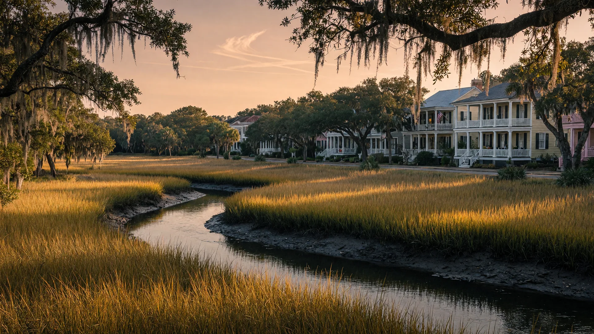 Golden marsh grass and a calm tidal creek at late afternoon, with porch-front Lowcountry homes and oak-lined streets in the distance