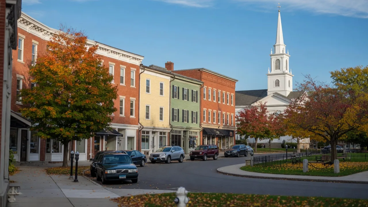 Tree-lined Connecticut small-town street with historic homes
