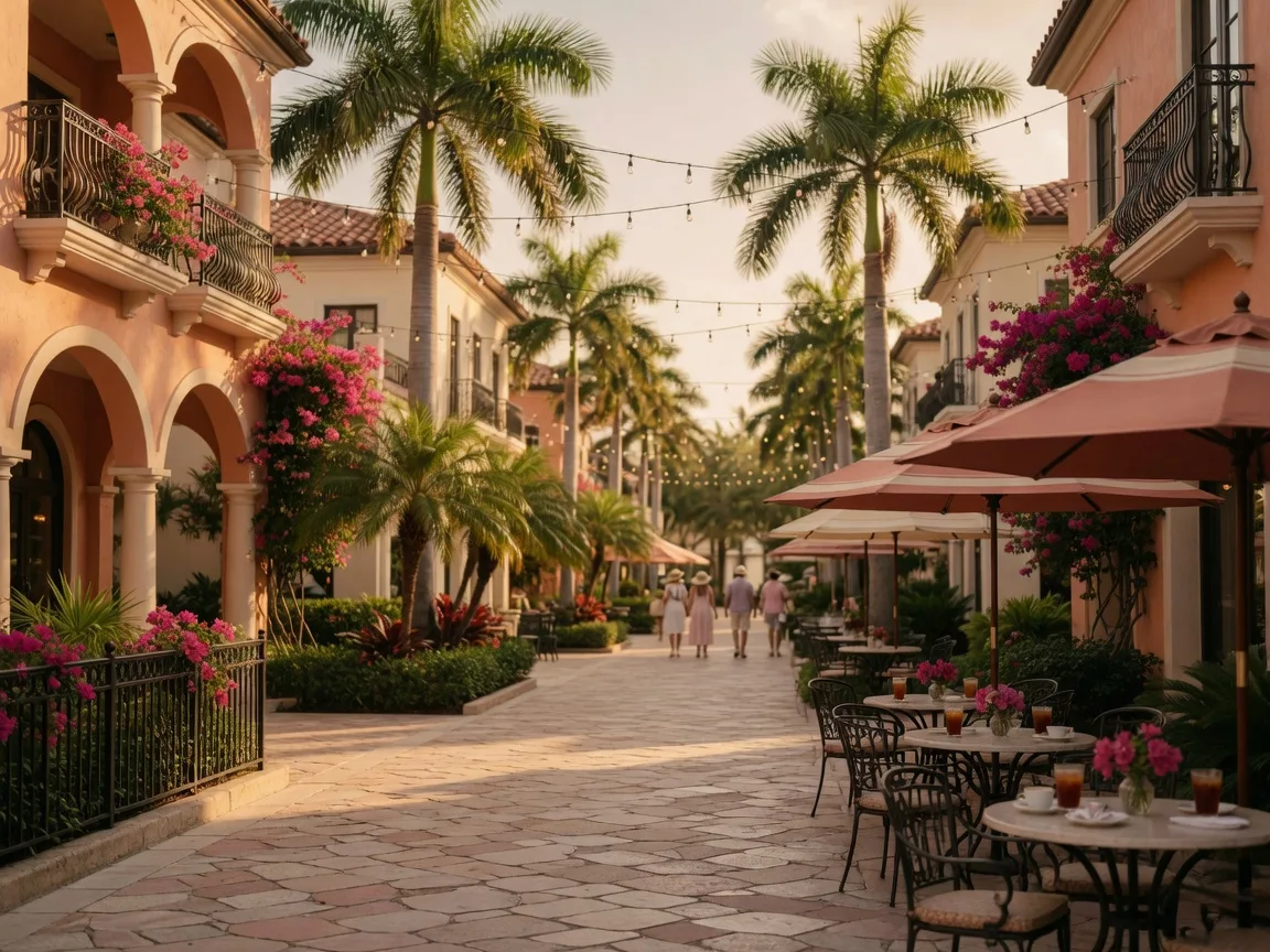 A palm-lined luxury shopping street in downtown Boca Raton