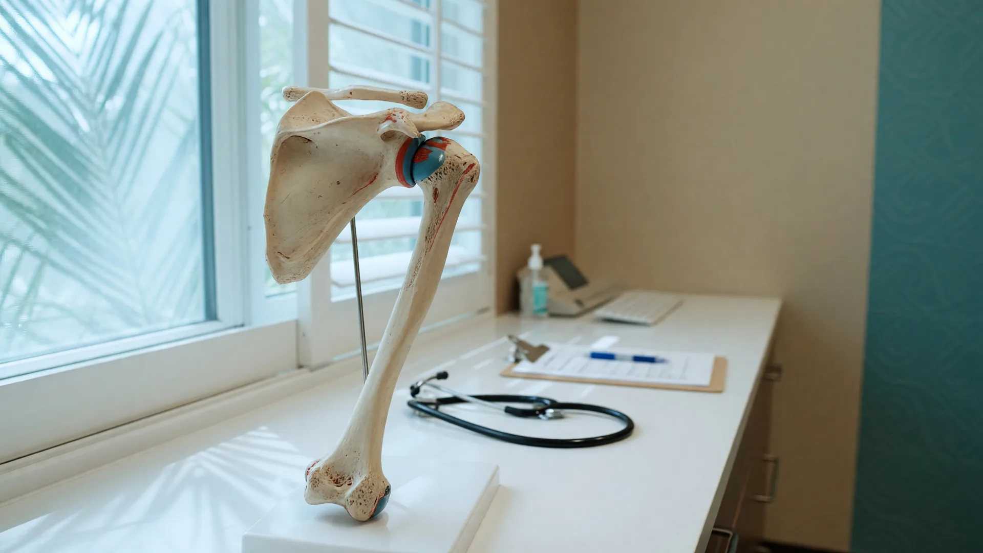 An anatomical model of a shoulder joint on a bright counter in a modern Honolulu consultation room